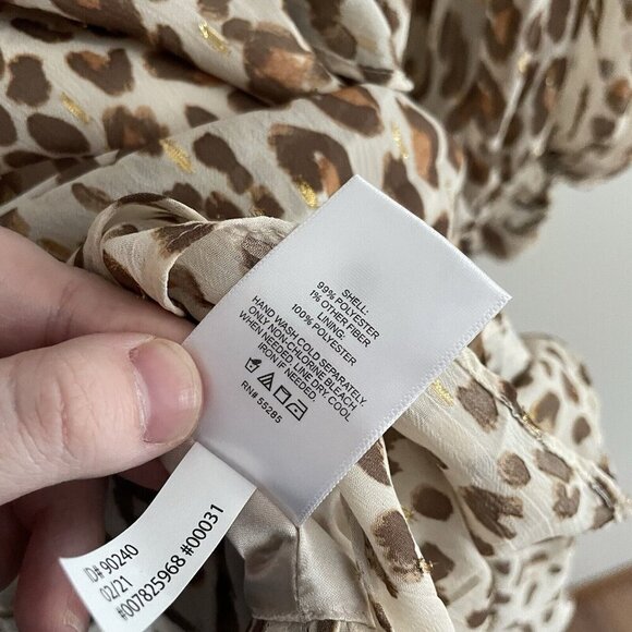 Express Wmn XS Brown/Ivory/Gold Cheetah Print V-Neck Sheer Sleeve Ruffle Dress - Picture 8 of 10